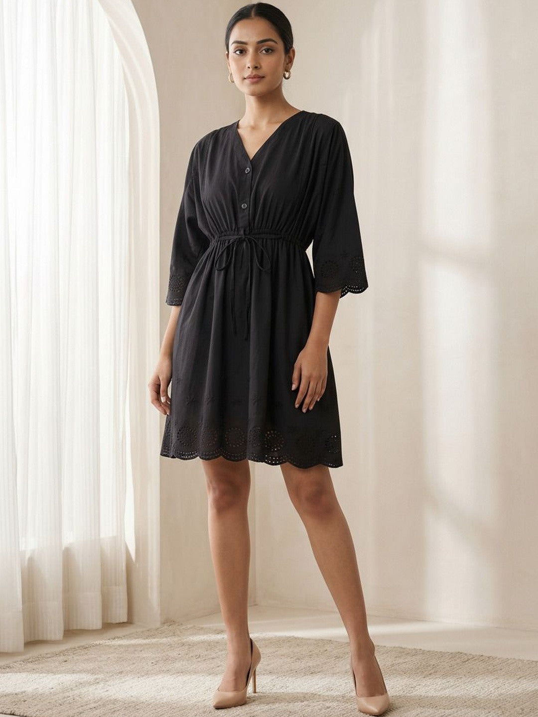 Chic Black Self Design A-Line Mini Dress