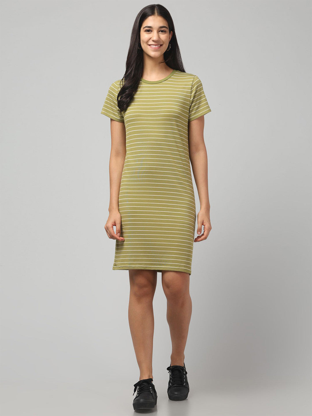 Trendy Olive Green Striped T-Shirt Dress