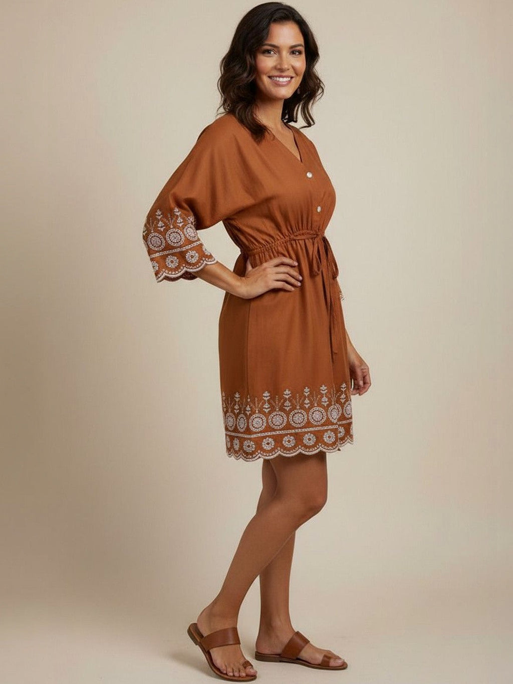 Rust Brown Embroidered A-Line Mini Dress