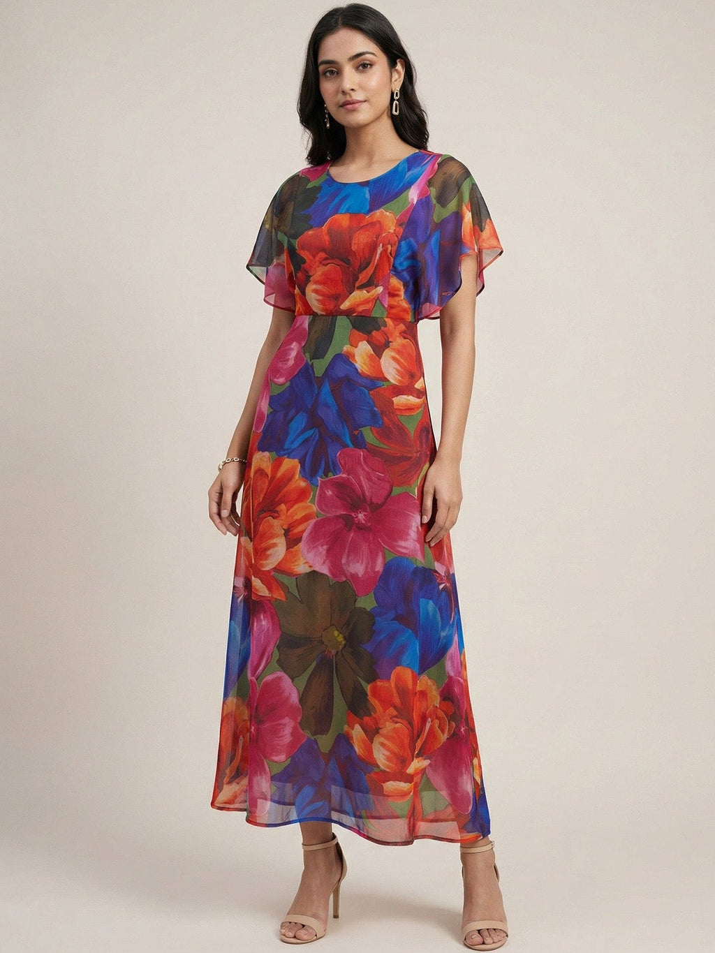 Chic Red Floral Georgette Maxi Dress