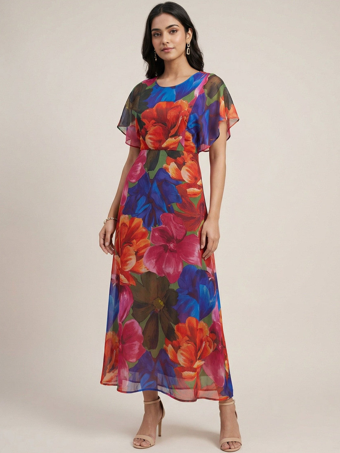 Chic Red Floral Georgette Maxi Dress