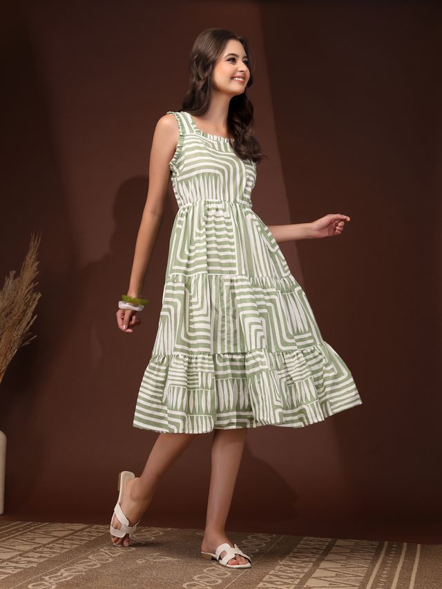 Emerald Bloom Geometric Print Midi Dress