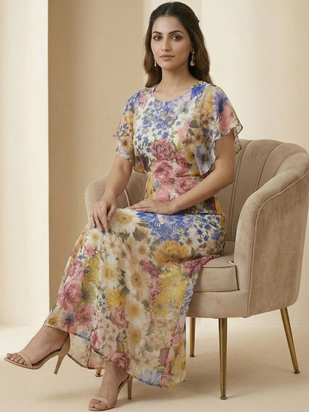 Classic Off White Floral Print Maxi Dress