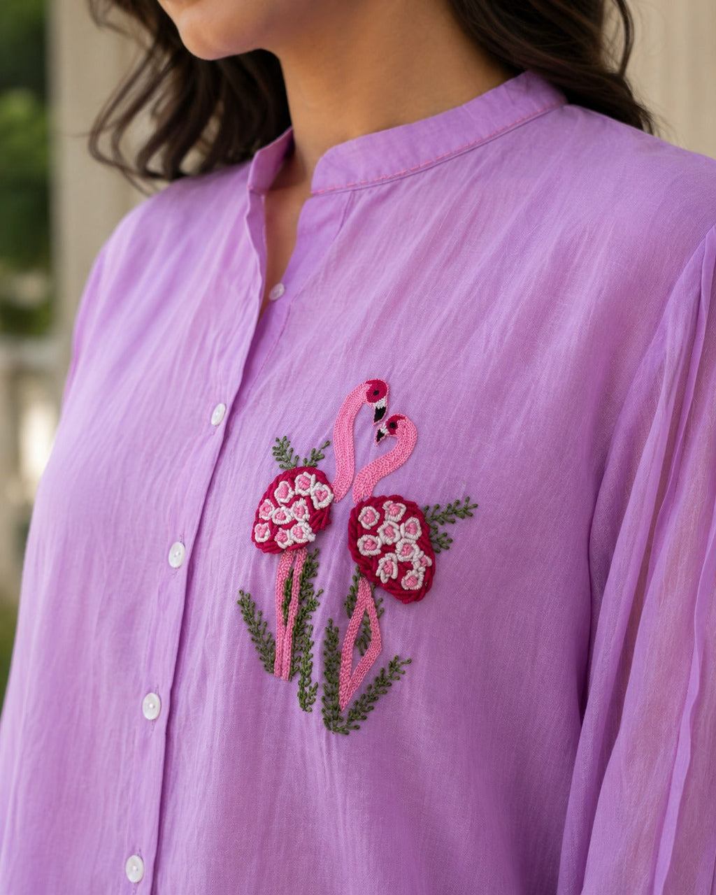 Lavender Flamingo Embroidered Shirt