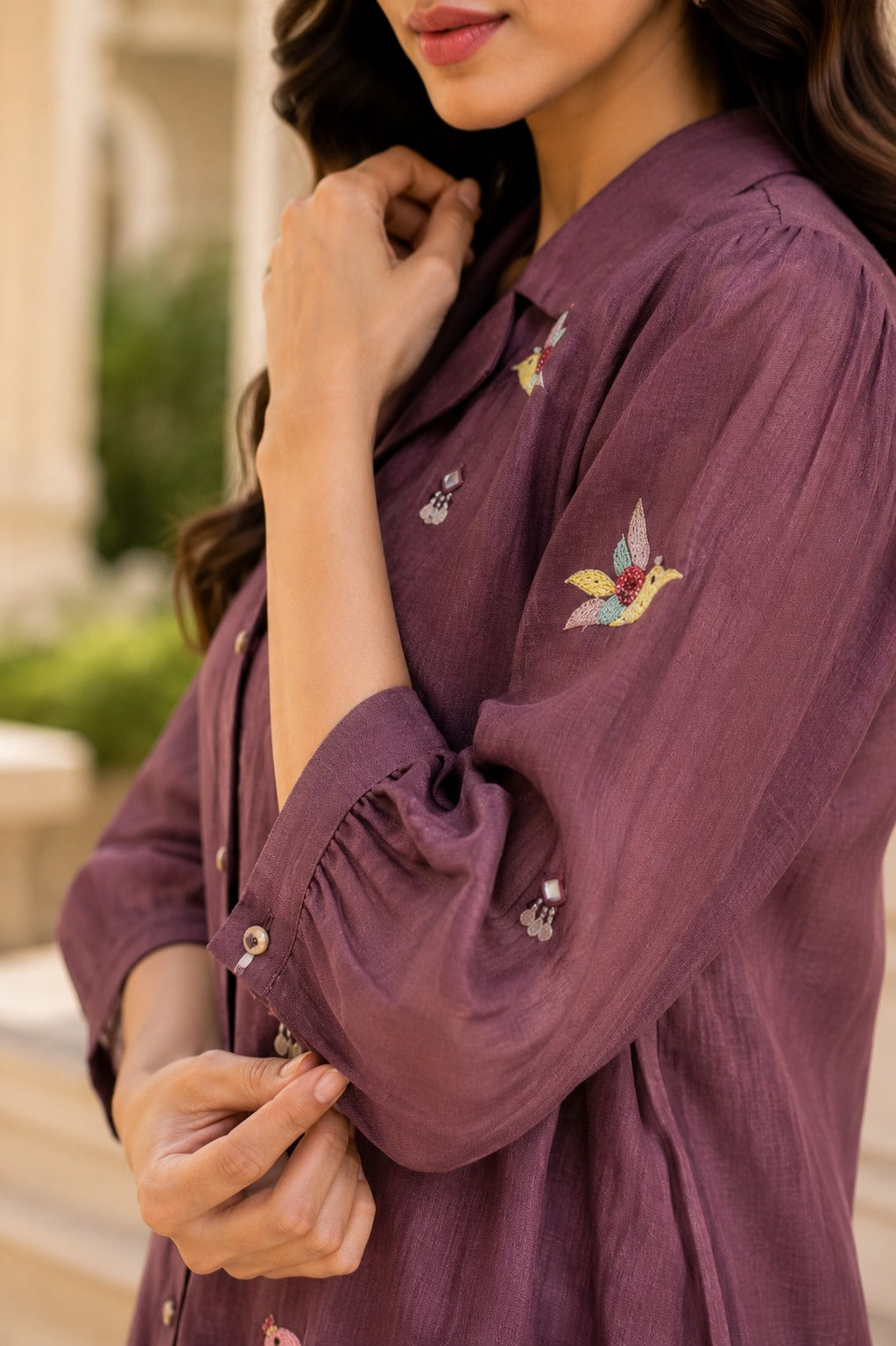 Embroidered Puff Sleeve Cotton Shirt