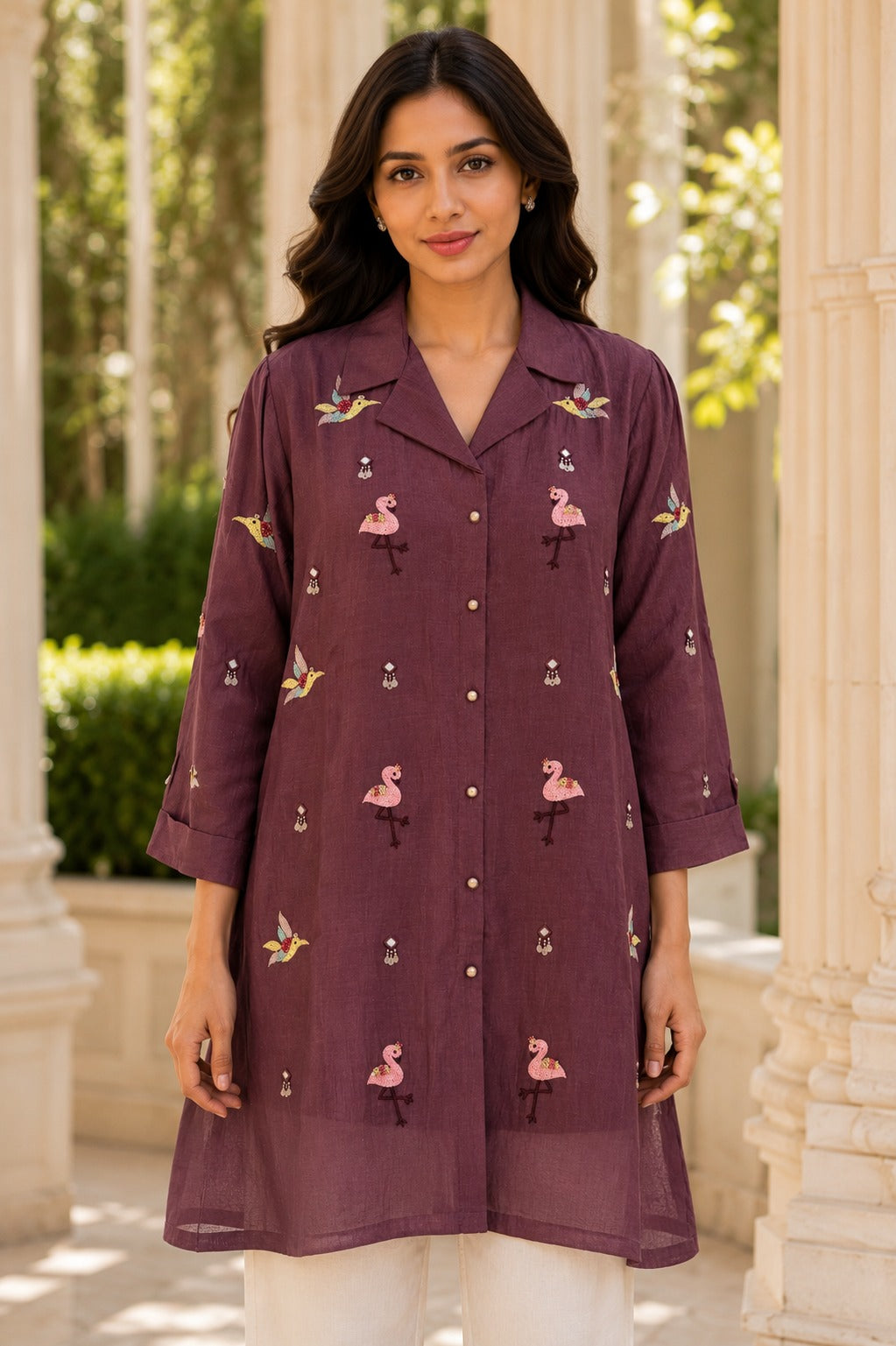 Embroidered Puff Sleeve Cotton Shirt