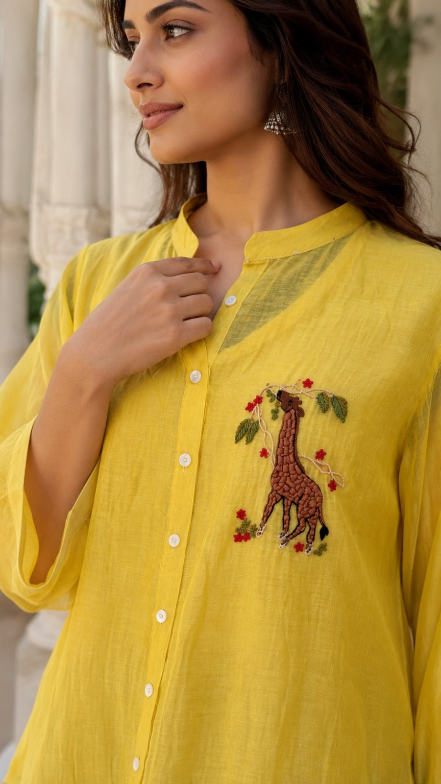 Yellow Shirt with Giraffe Embroidery