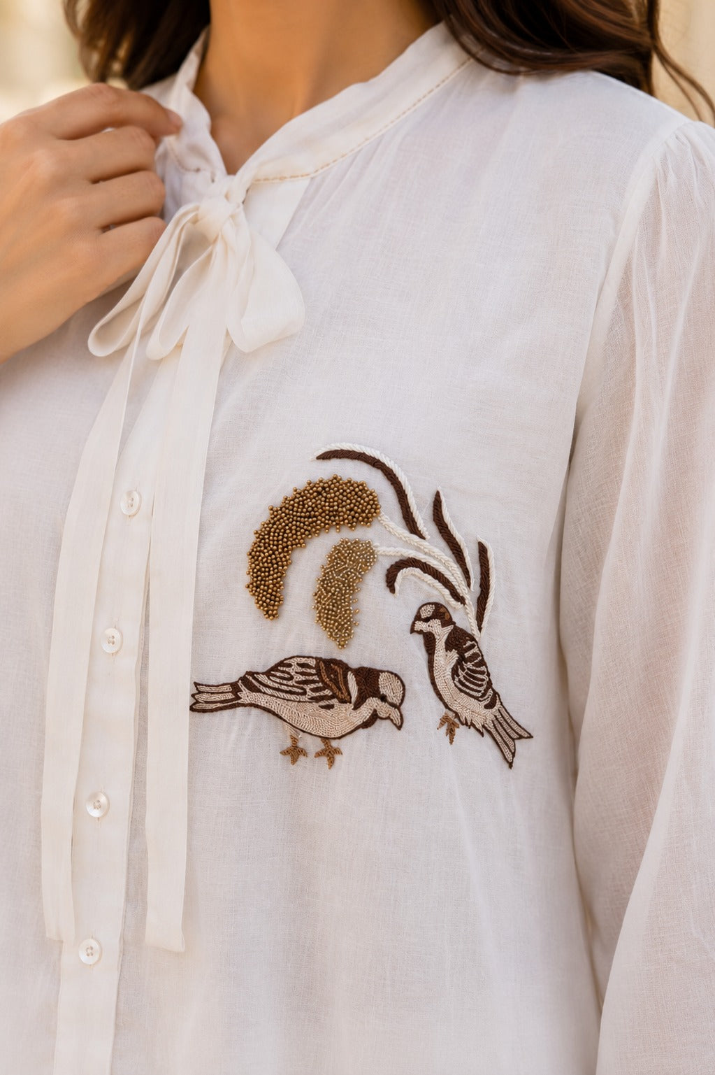 White Shirt with Bird Embroidery