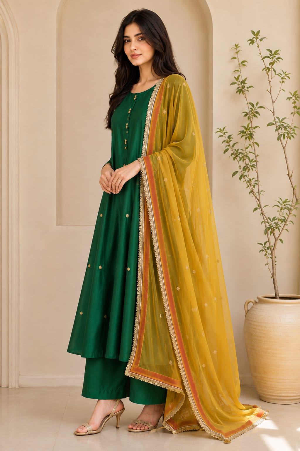 Green Kurta Set with Mustard Dupatta