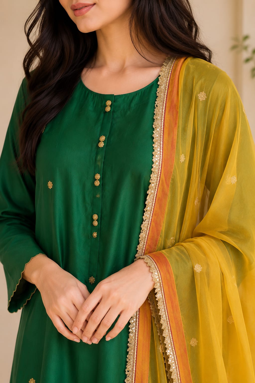 Green Kurta Set with Mustard Dupatta