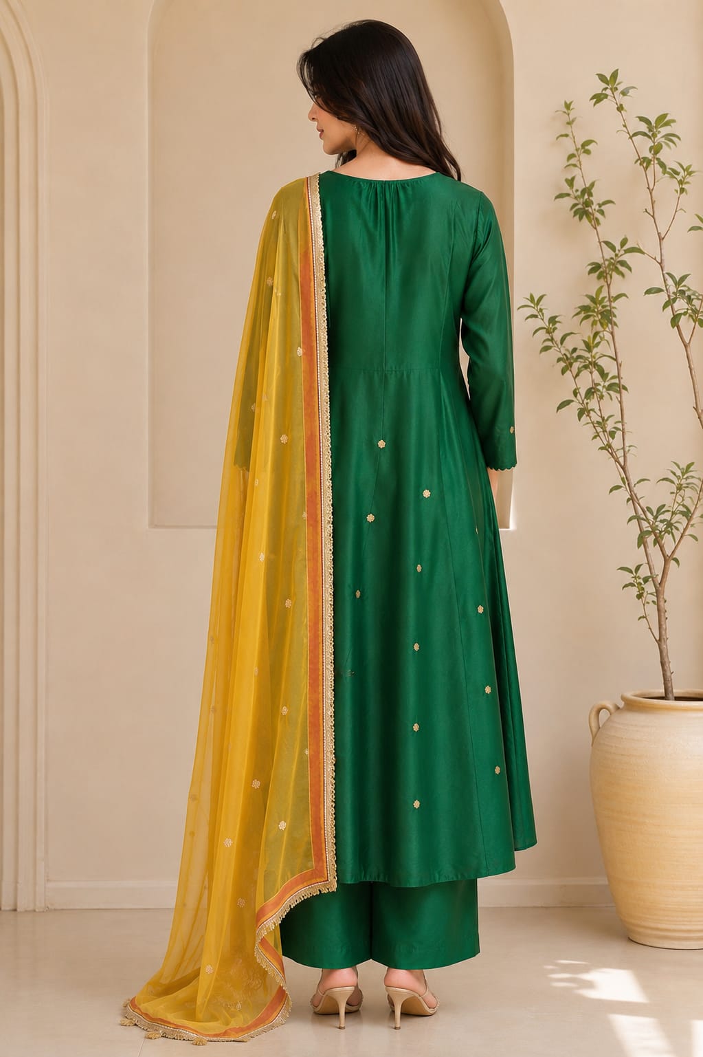 Green Kurta Set with Mustard Dupatta
