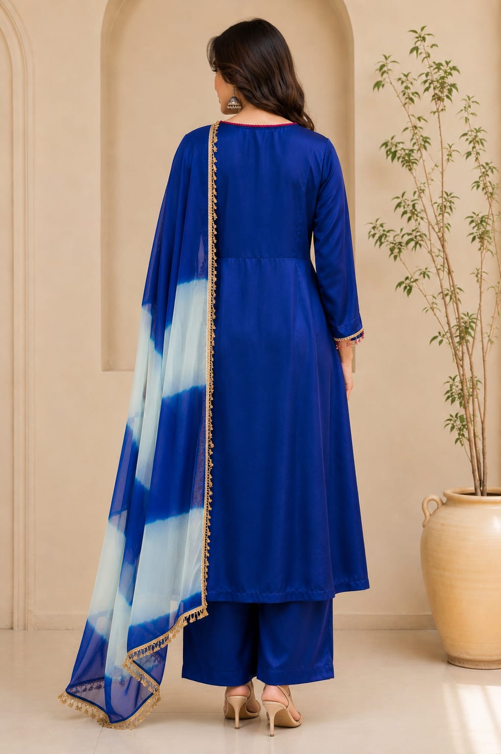 Embroidered Straight Kurta with Palazzo & Ombre Dupatta Set