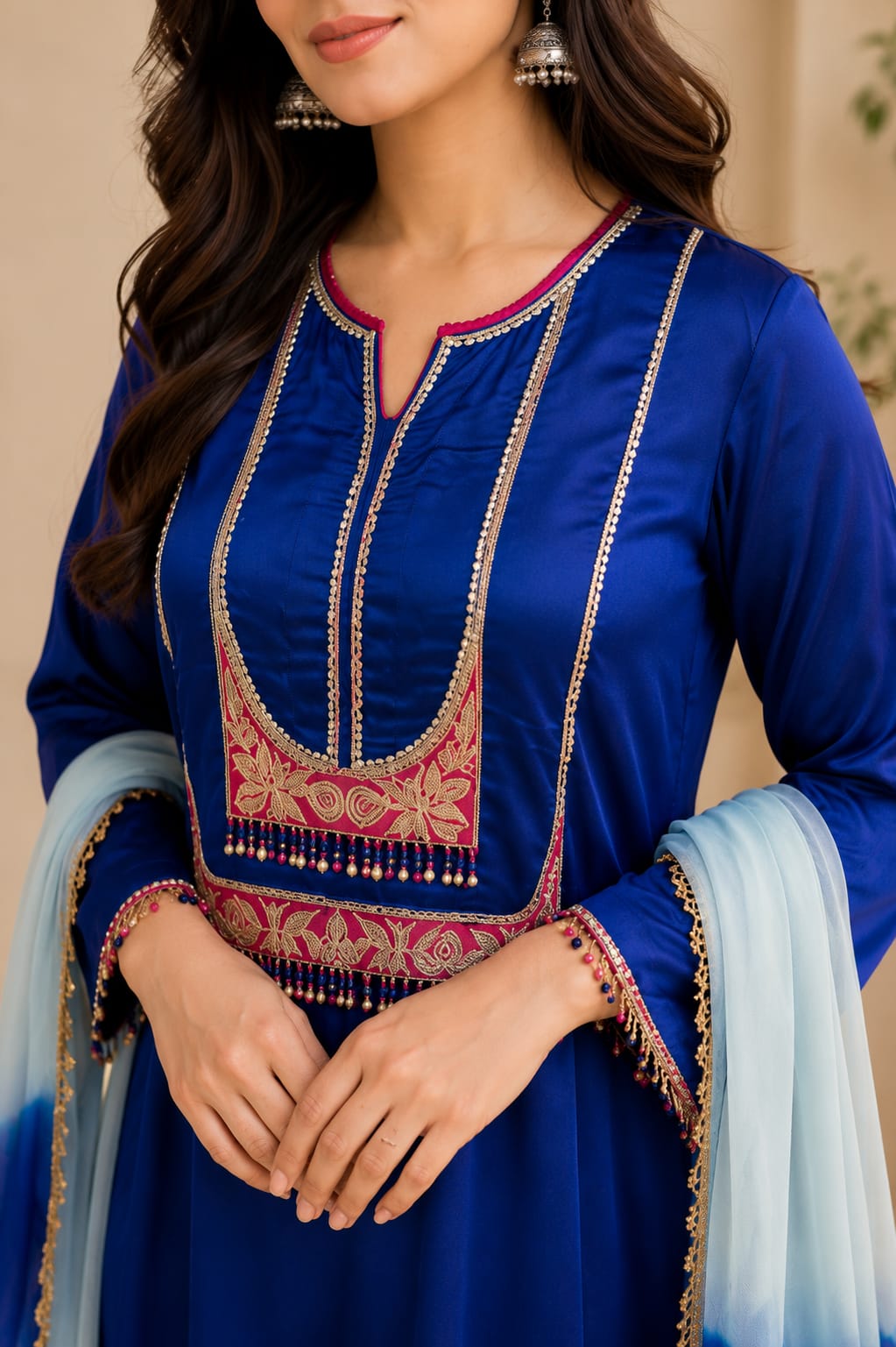 Embroidered Straight Kurta with Palazzo & Ombre Dupatta Set