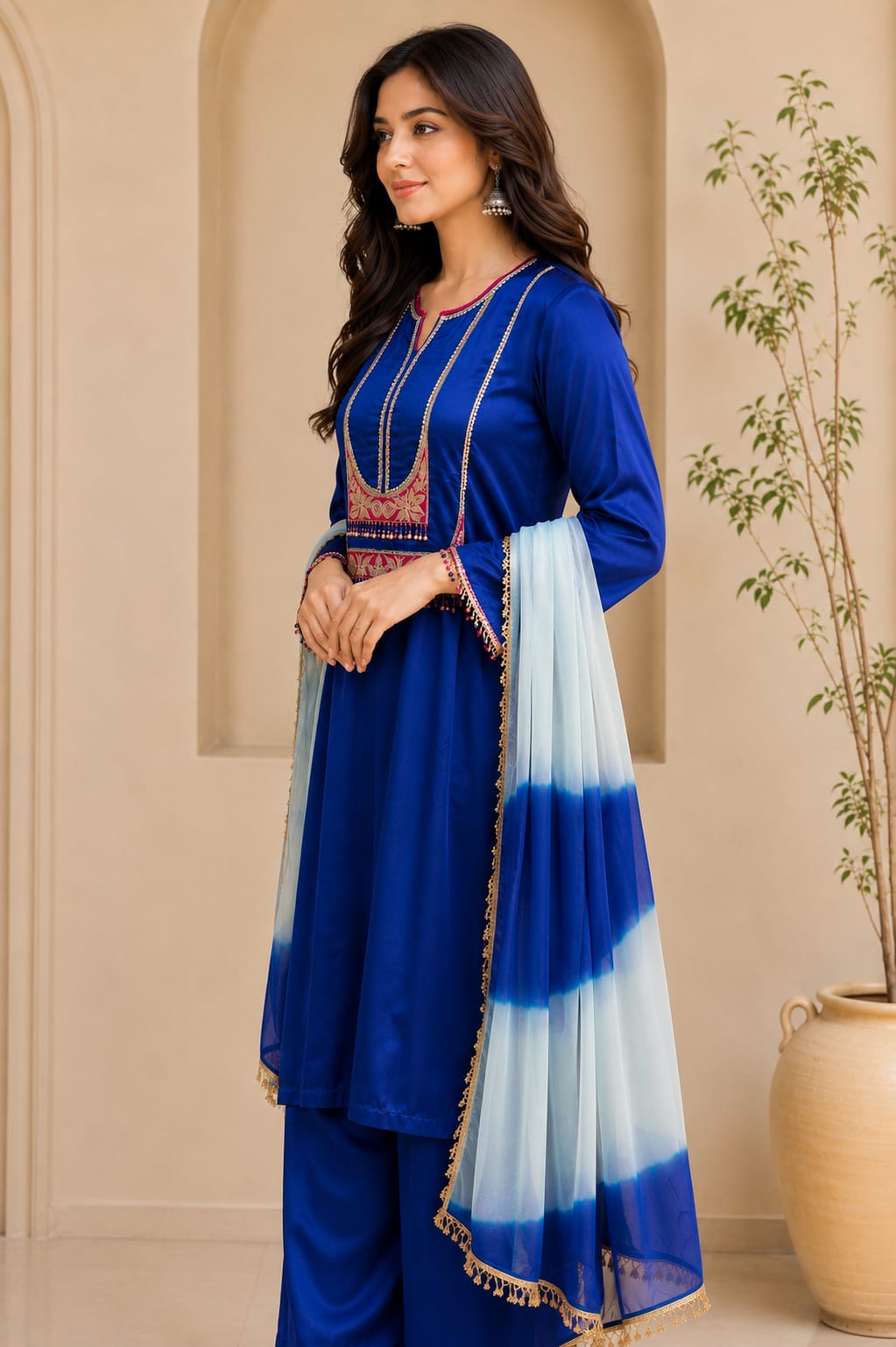 Embroidered Straight Kurta with Palazzo & Ombre Dupatta Set