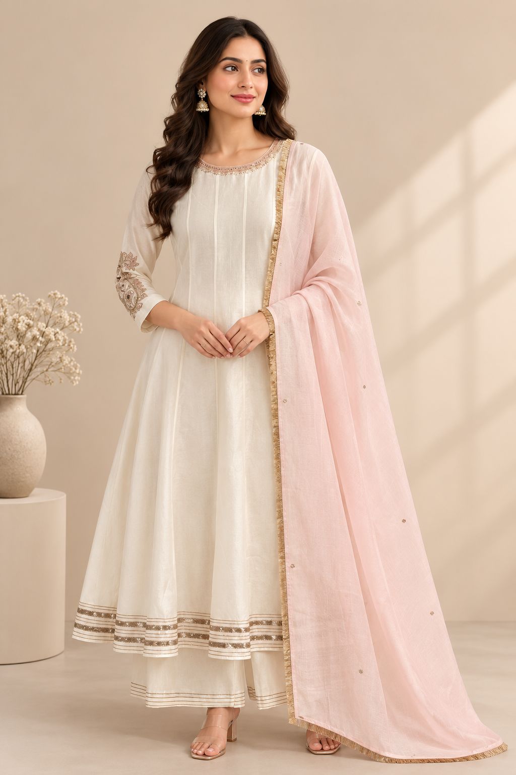 Ivory Elegance Anarkali with Blush Dupatta