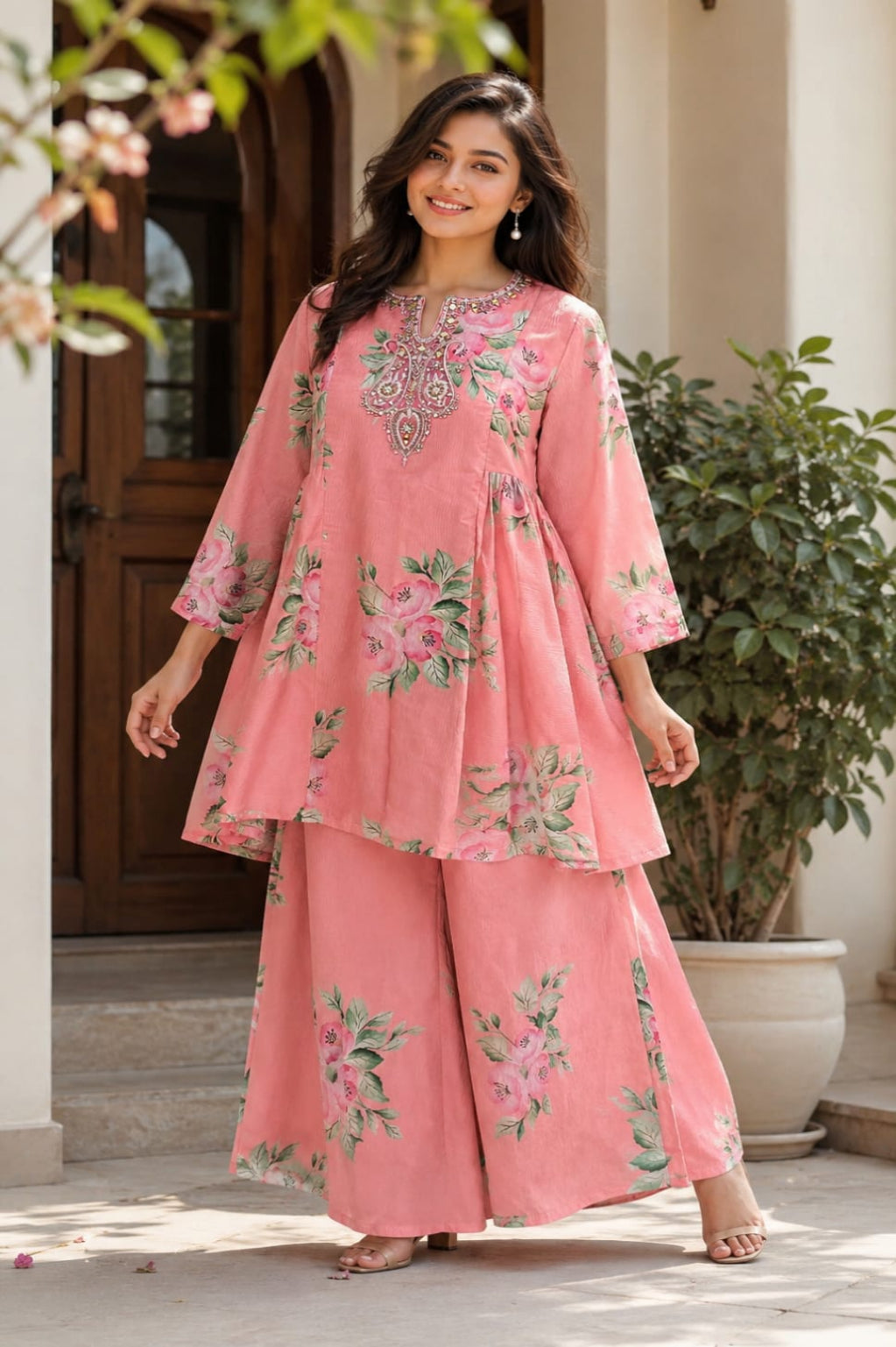 Blush Pink Floral Embroidered Cotton Co-Ord Set