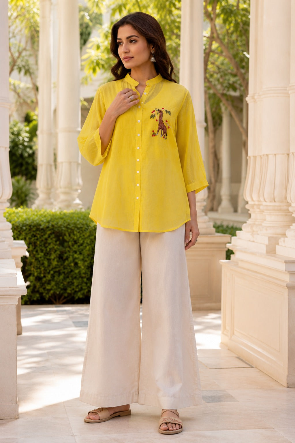 Yellow Shirt with Giraffe Embroidery
