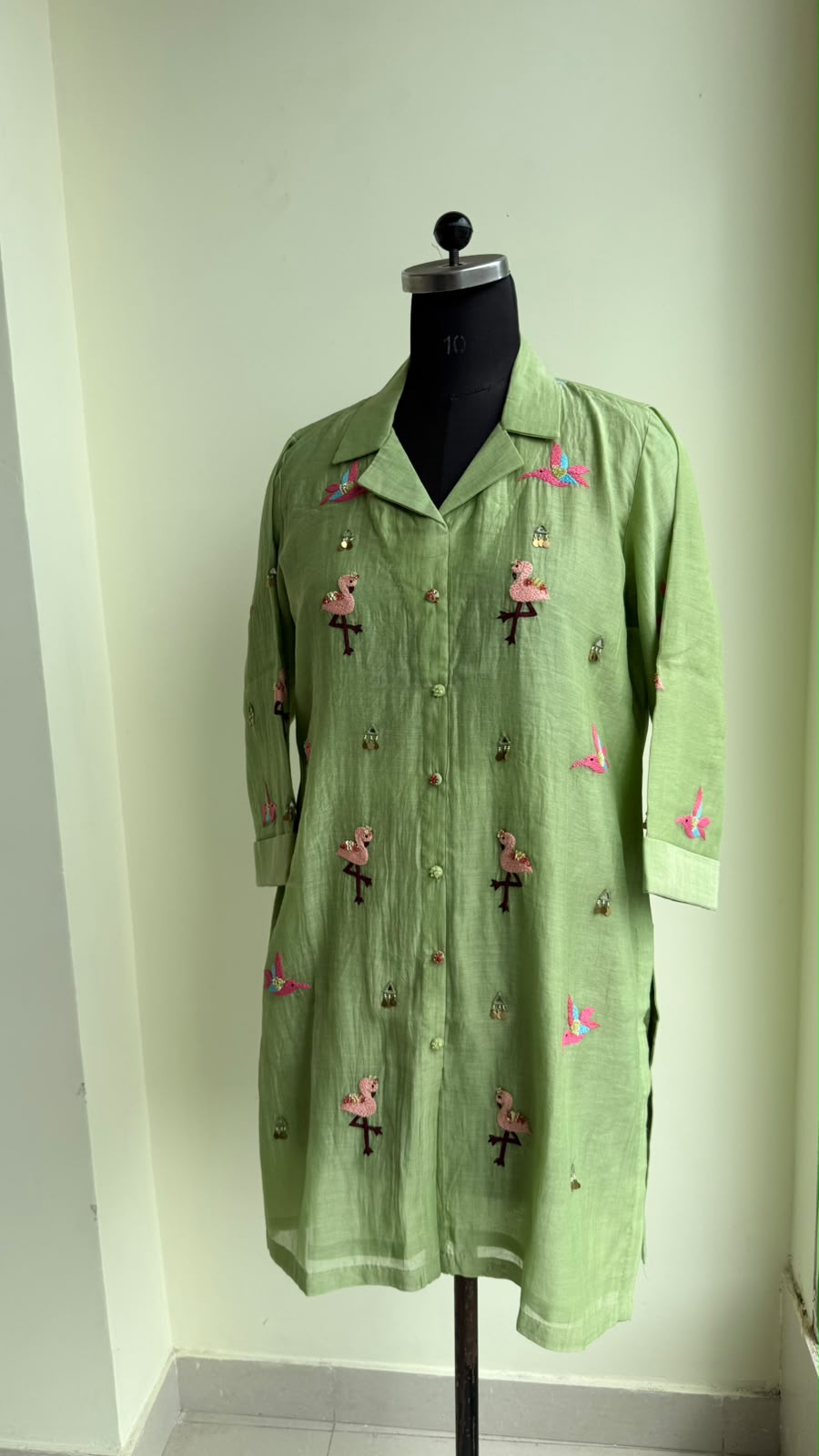 Parrot Green Embroidered Shirt Dress