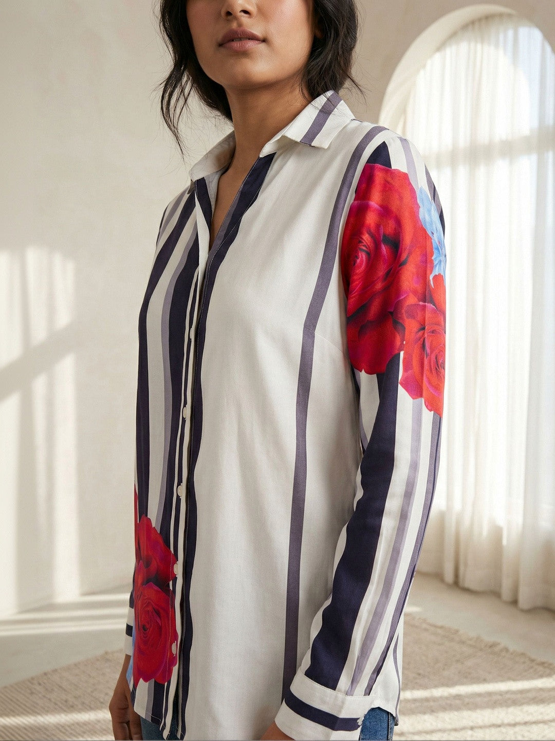 White Floral Elegance Stripe Shirt