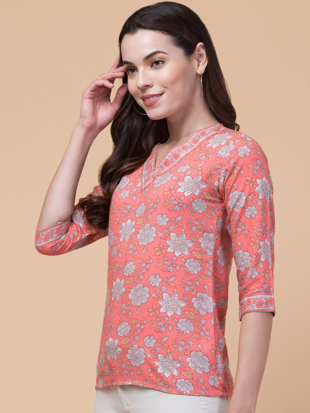 Peach Floral V-neck Top