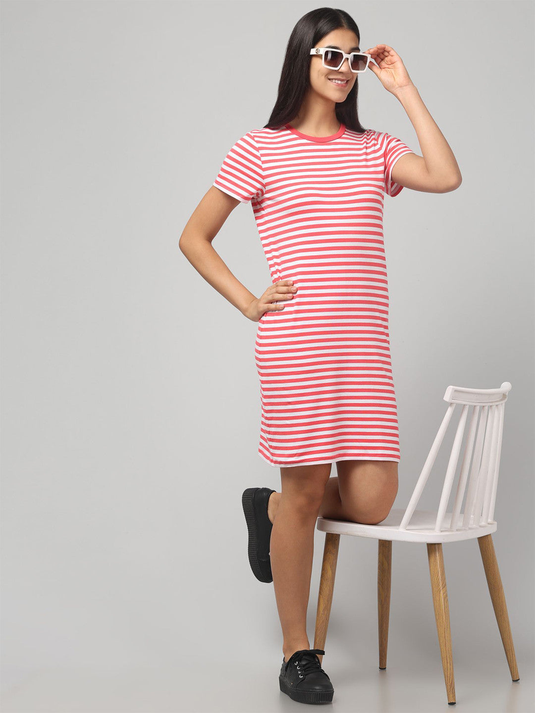 Trendy Red Striped T-Shirt Dress