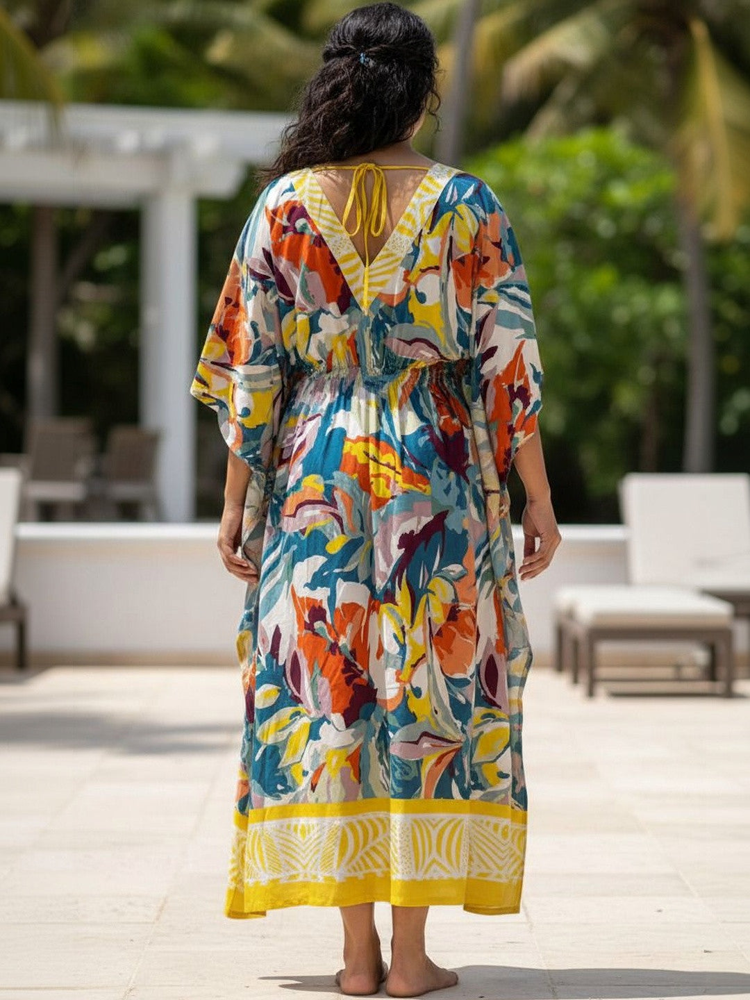 Yellow Abstract Print Kaftan Maxi Dress