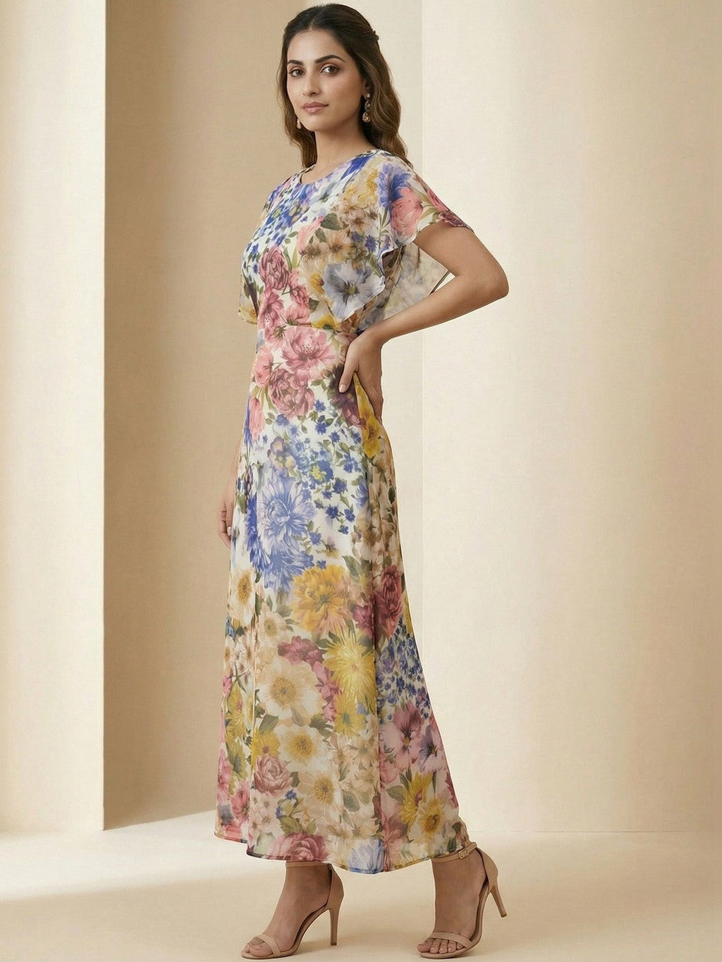 Classic Off White Floral Print Maxi Dress