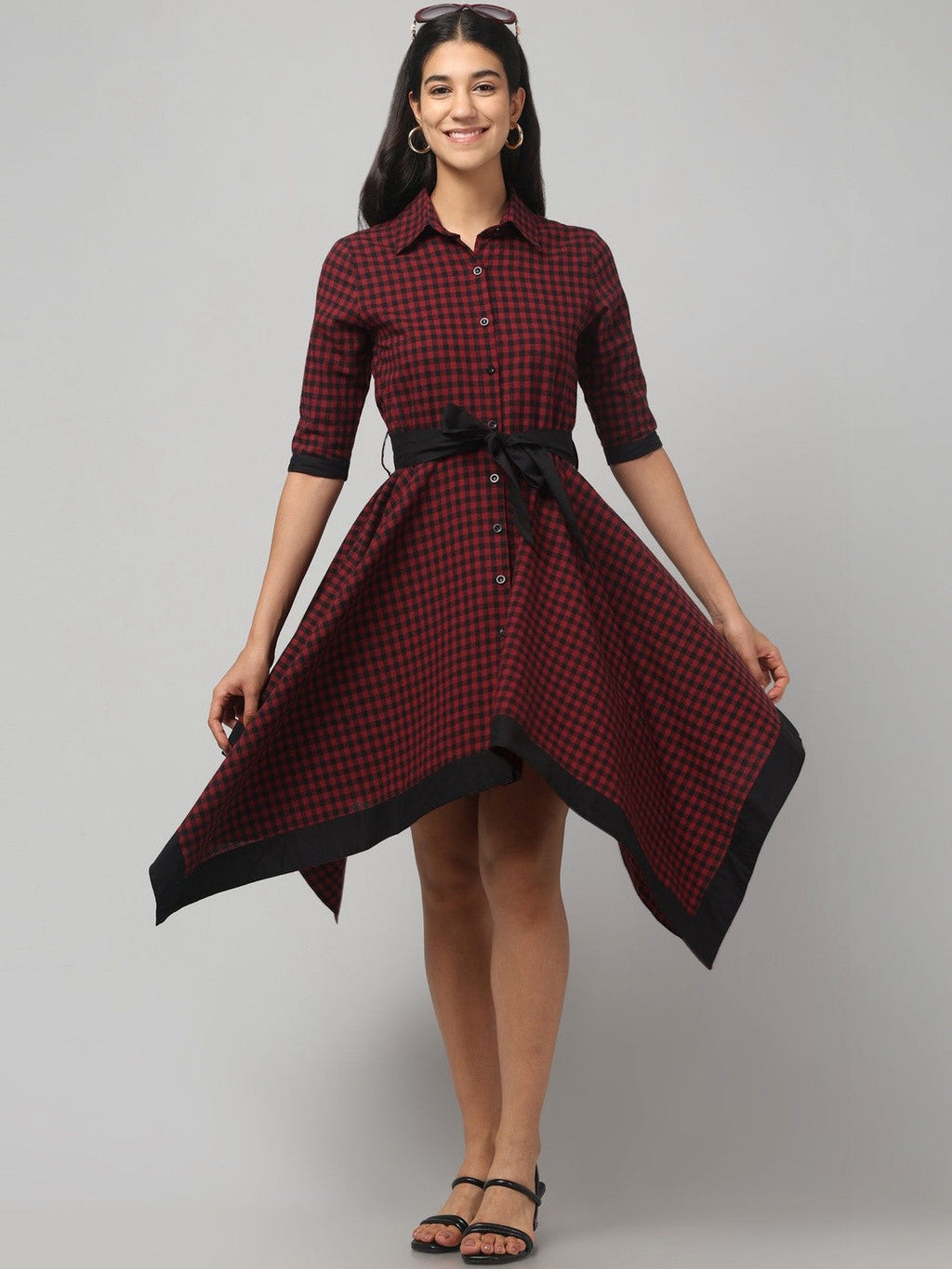 Elegant Maroon Checked Mini Dress