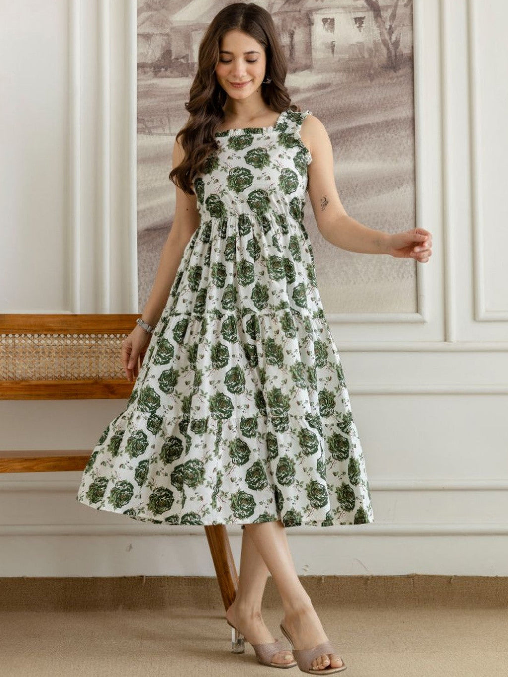 Floral Charm Green Midi Dress