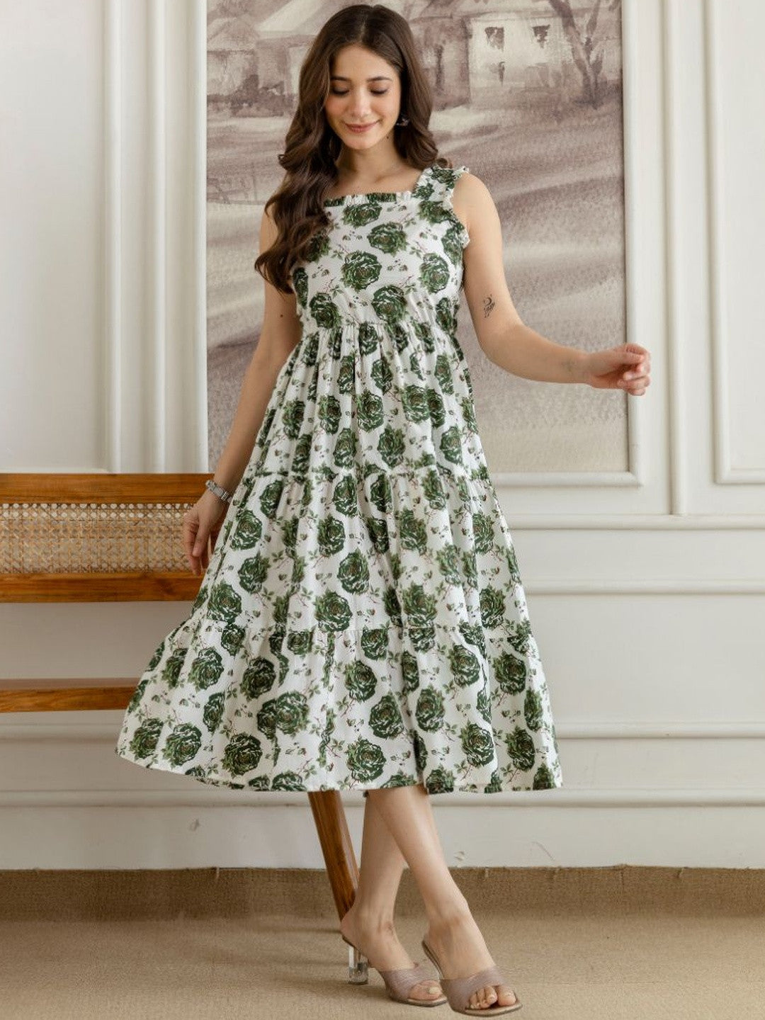 Floral Charm Green Midi Dress