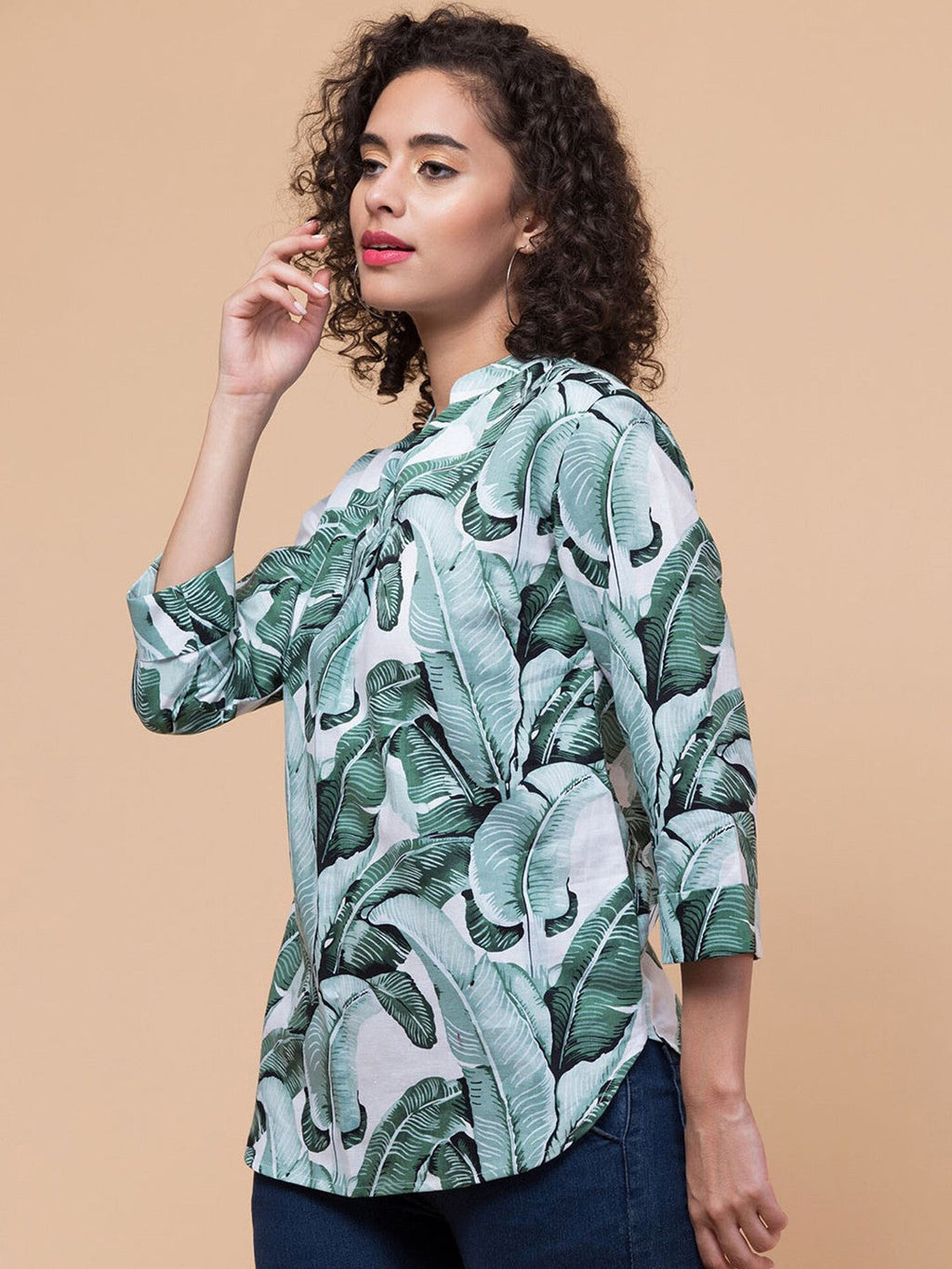 Green Tropical print shirt style Top