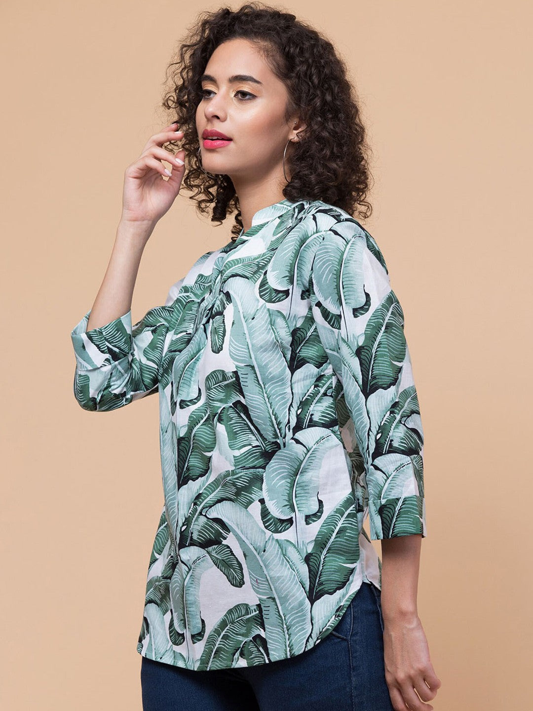 Green Tropical print shirt style Top