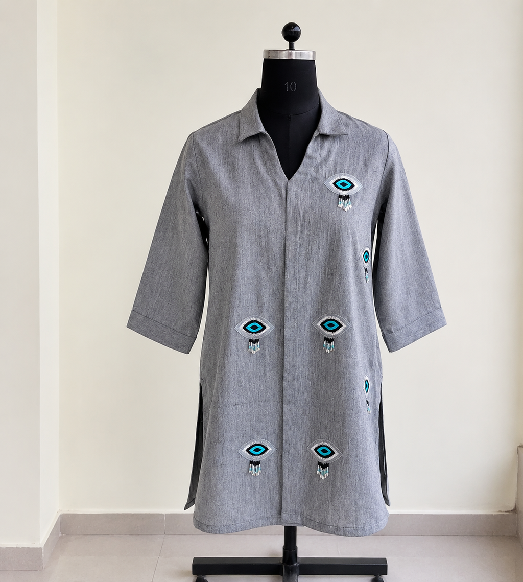 Grey Evil Eye Embroidered Cotton Tunic shirt