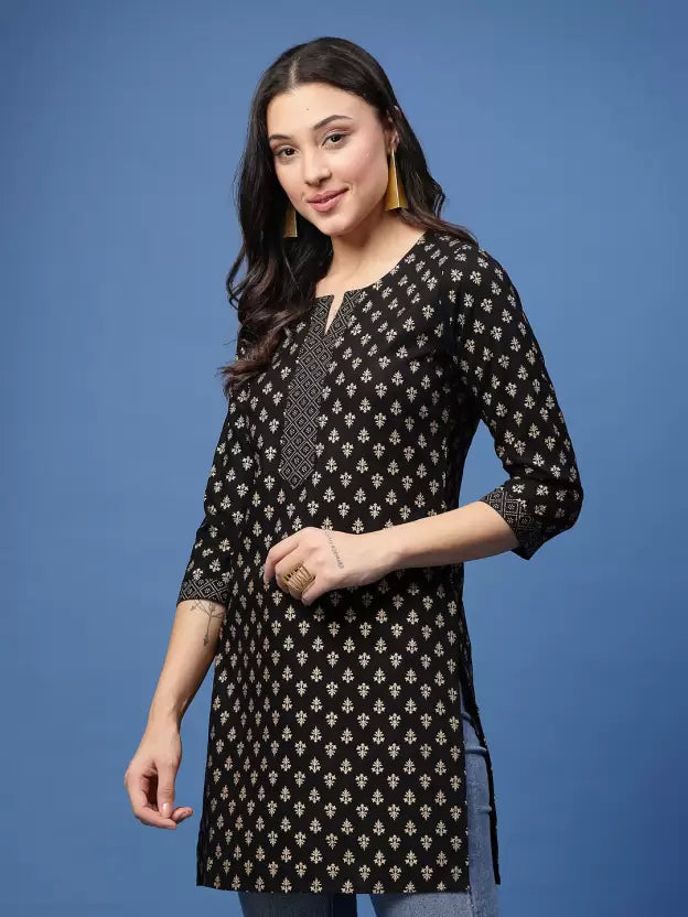 Elegant Black Floral Print Cape Top kurta
