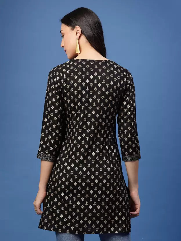 Elegant Black Floral Print Cape Top kurta