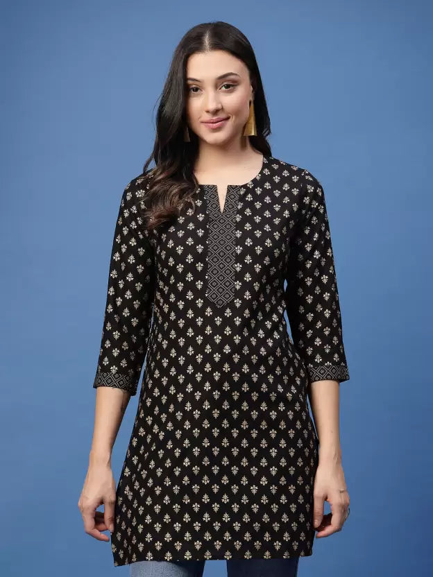 Elegant Black Floral Print Cape Top kurta