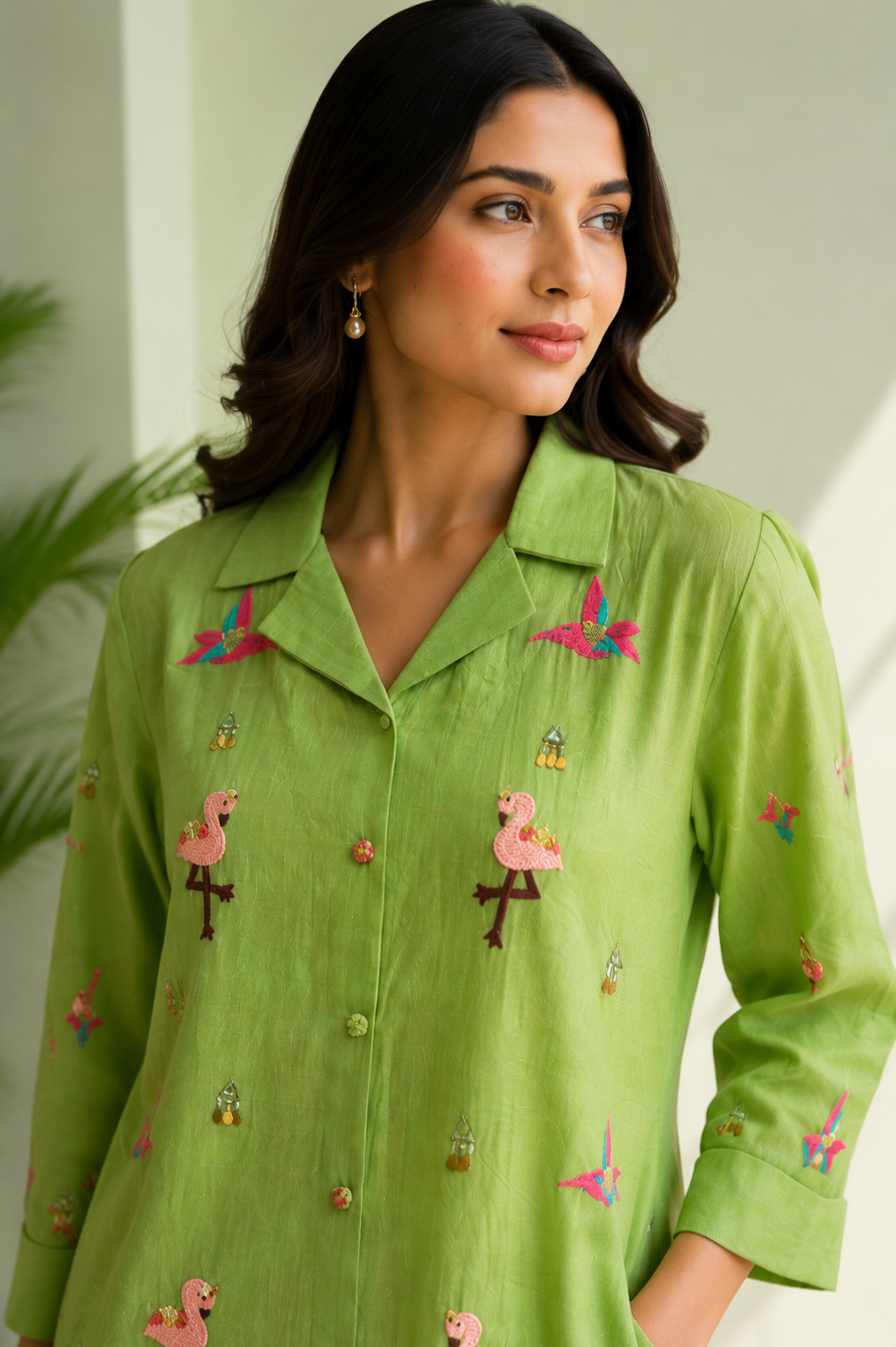 Parrot Green Embroidered Shirt Dress
