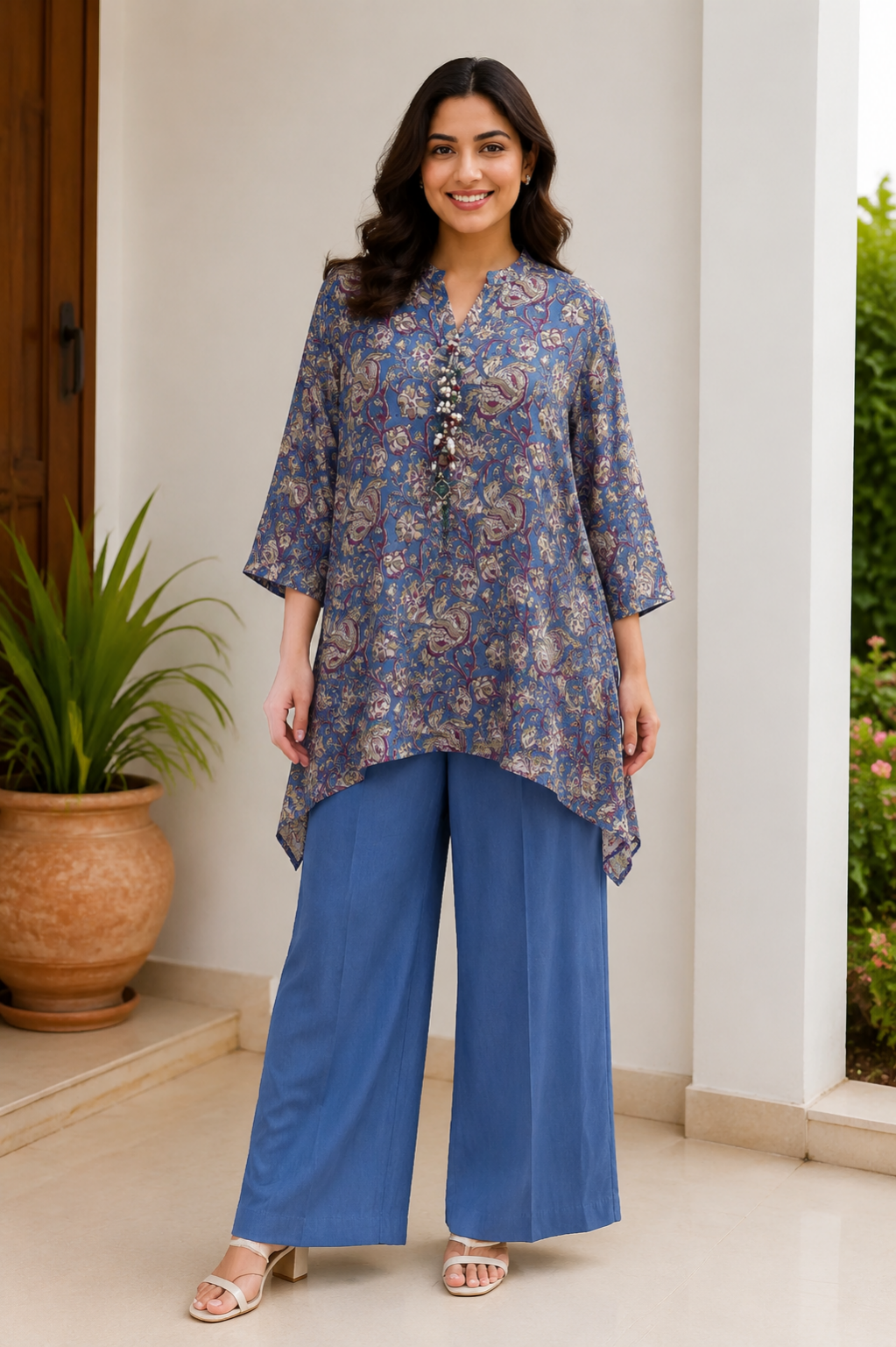 Indigo Moral Satan Printed Co-Ord Set With Embellished Neckline