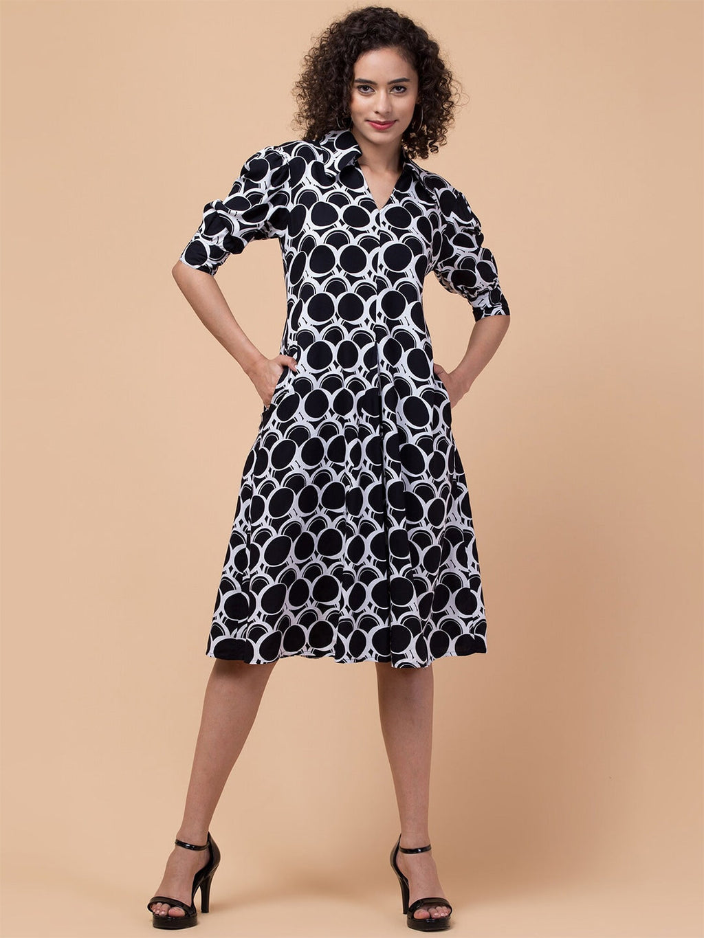 Radiant Reverie Woven Knee-Length Dress with Flared Hemline