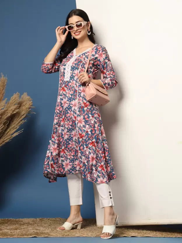 Flattering Light Blue Floral A-Line Kurta