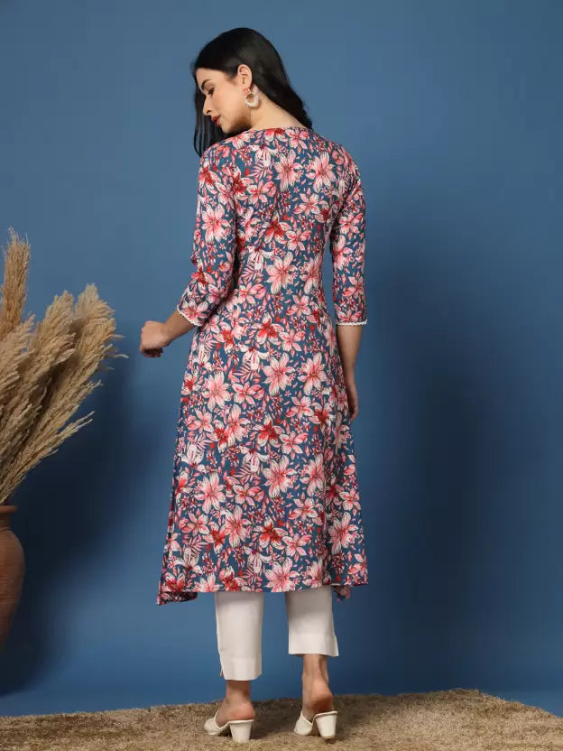 Flattering Light Blue Floral A-Line Kurta
