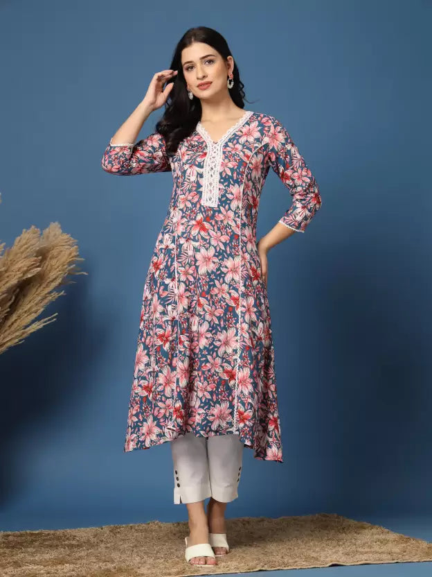 Flattering Light Blue Floral A-Line Kurta