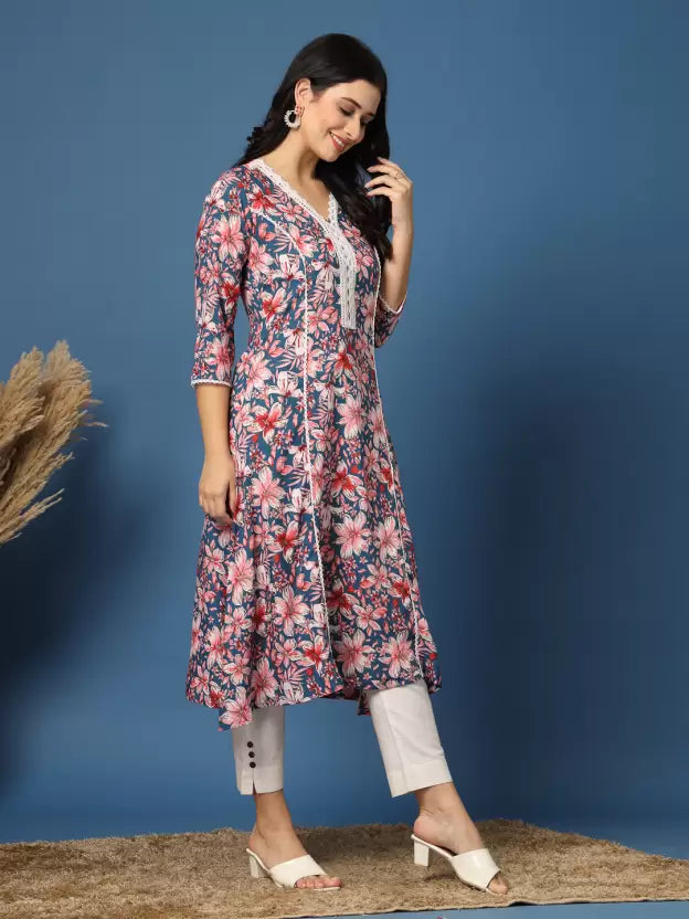 Flattering Light Blue Floral A-Line Kurta