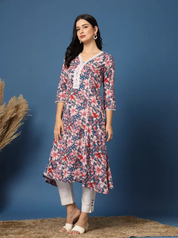 Flattering Light Blue Floral A-Line Kurta
