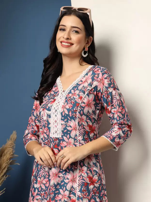 Flattering Light Blue Floral A-Line Kurta