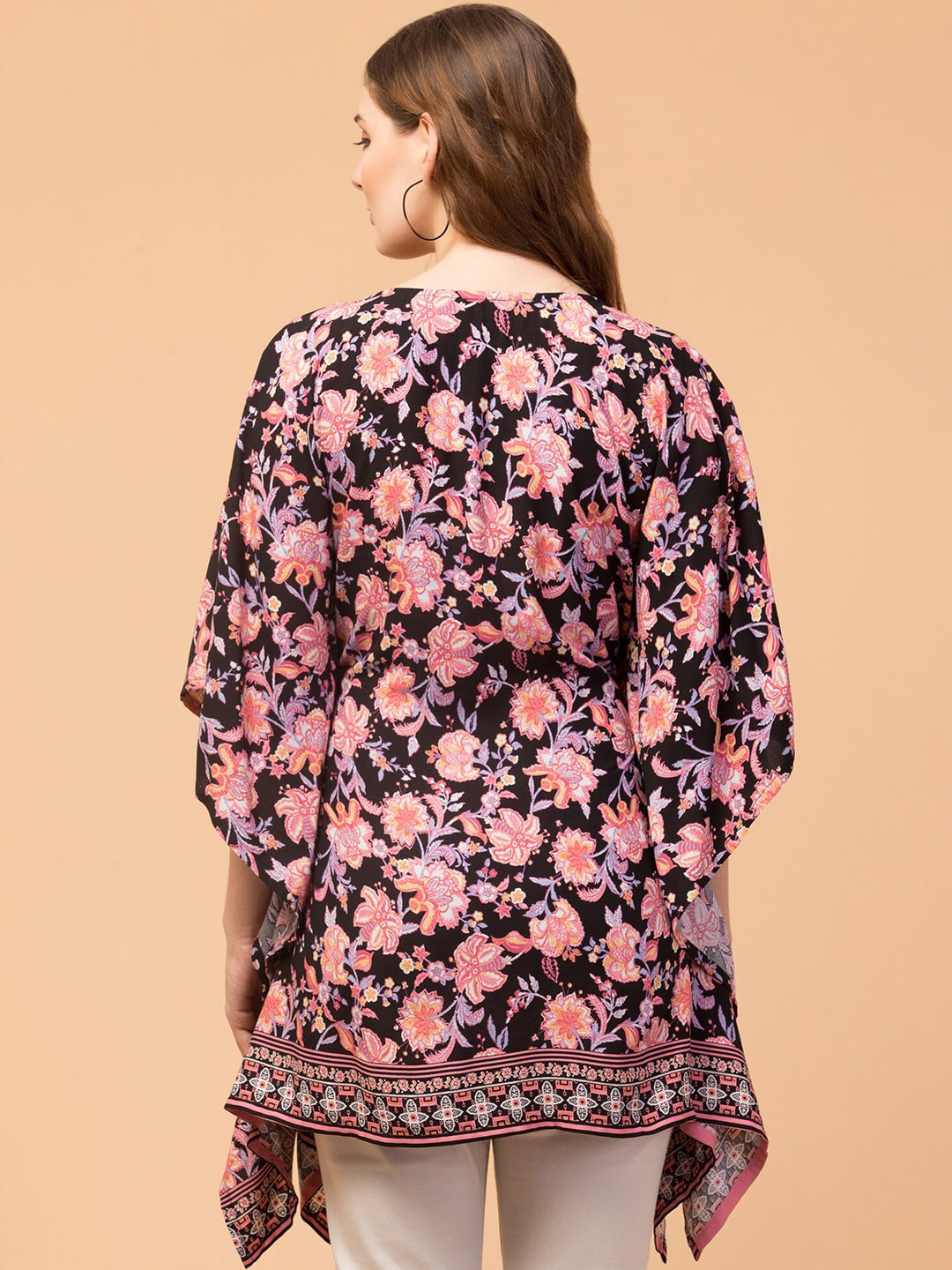 Floral Print Longline Kaftan Top with Keyhole Neck
