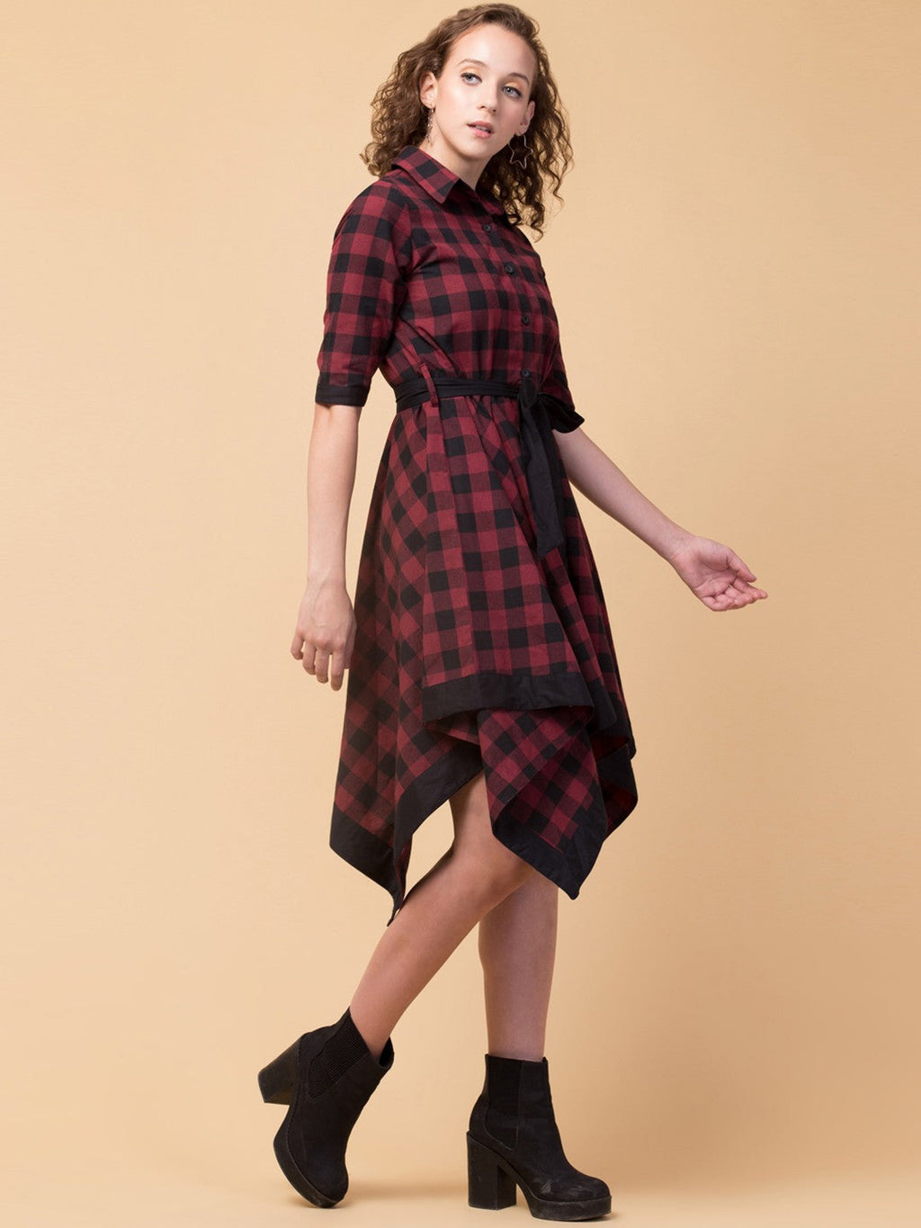Checked Cotton Shirt Collar Dress