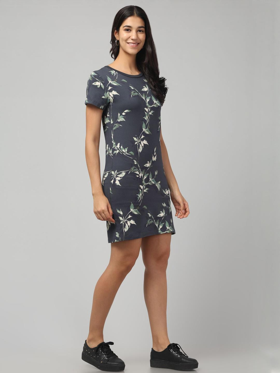 Black Floral Print Cotton T-Shirt Dress