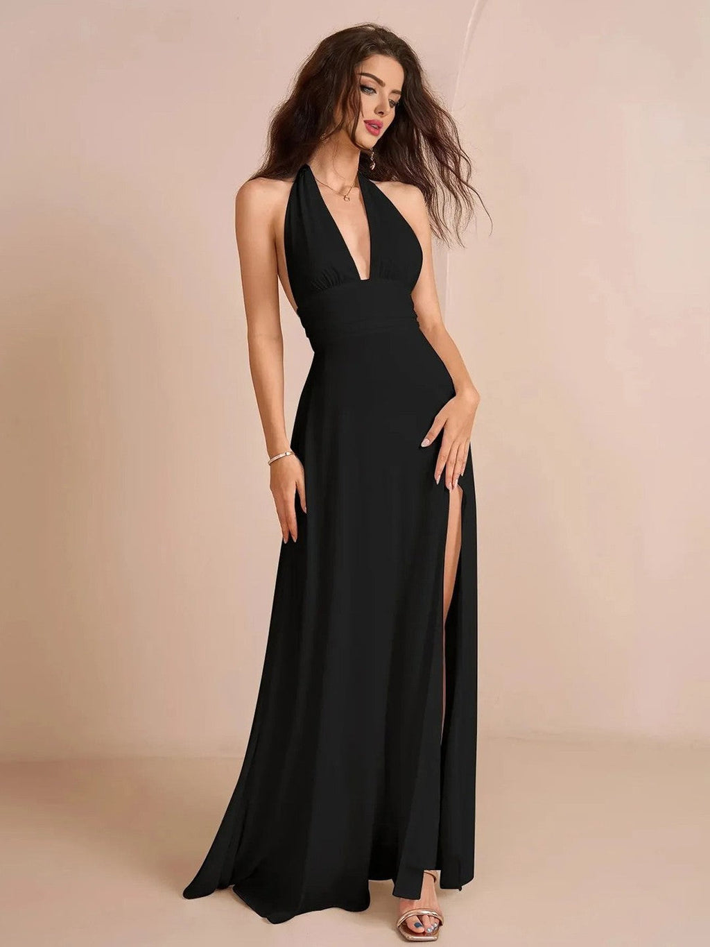 Noir Elegance Slit Backless Dress