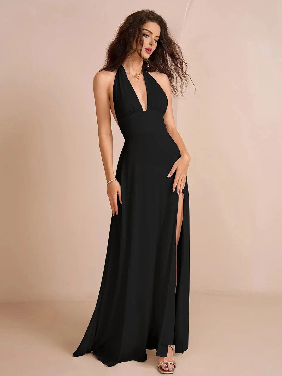 Noir Elegance Slit Backless Dress